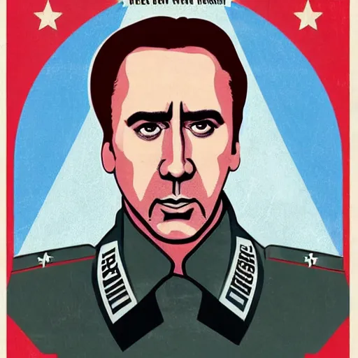 Image similar to nic cage as a poster for a fascist dictatorship, stylized propaganda poster,