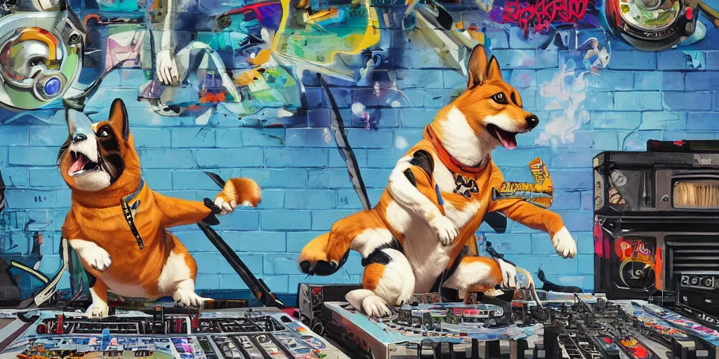 Image similar to beautiful painting of hiphop DJ corgi lofi breakdancing, by Tristan Eaton, James Gurney, greg rutkowski. trending on Artstation, 8k, masterpiece, graffiti paint, fine detail, full of color, intricate detail, golden ratio illustration, corgi