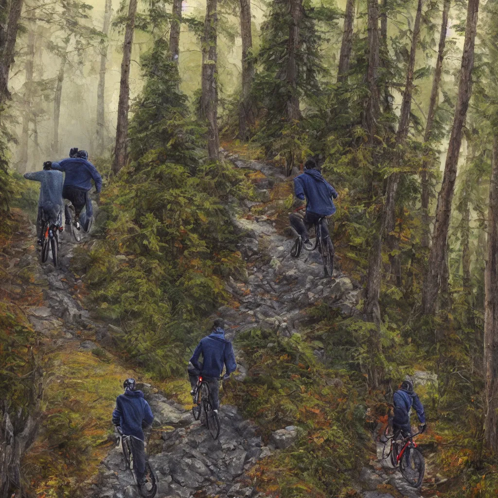 Image similar to Two men biking up a steep forest hill. One with a deep dark blue sweater and the other with a wine red sweater. sweaty. Oil painting. Emotional. Trending on artstation. Steep. Nordic Trees. Rustic. Artistic.