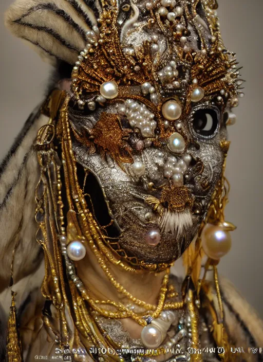 Image similar to hyperrealism, detailed textures, award winning autochrome photo, symetrical japanese pearl, beautiful dreaming voodoo pearl queen, autochrome pearl portrait, pearl silverplate, intricate, detailed facial pearl scary animal mask, pearl, golden jewelery, silverplate, ultra realistic, cinematic, intricate, cinematic light by steve mccurry, unreal engine 8 k