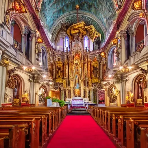 Image similar to a church with a red carpet and chandeliers, a colorized photo by pacita abad, shutterstock contest winner, baroque, sanctuary, ornate, colorized