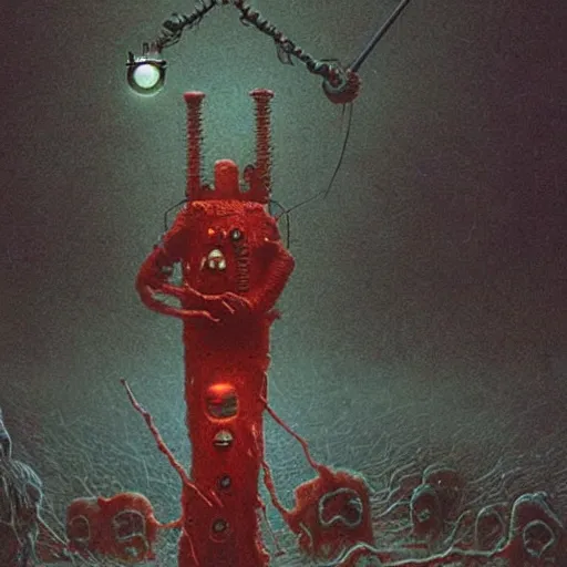 Prompt: batteryman micro - cell beksinski, eldritch, apocalypse, creepy creature, horror spooky