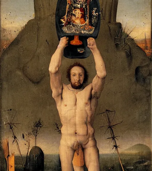 Prompt: Gigachad sigma buff macho Sam Hyde, standing triumphant and proud, award winning photo, by Hieronymus Bosch