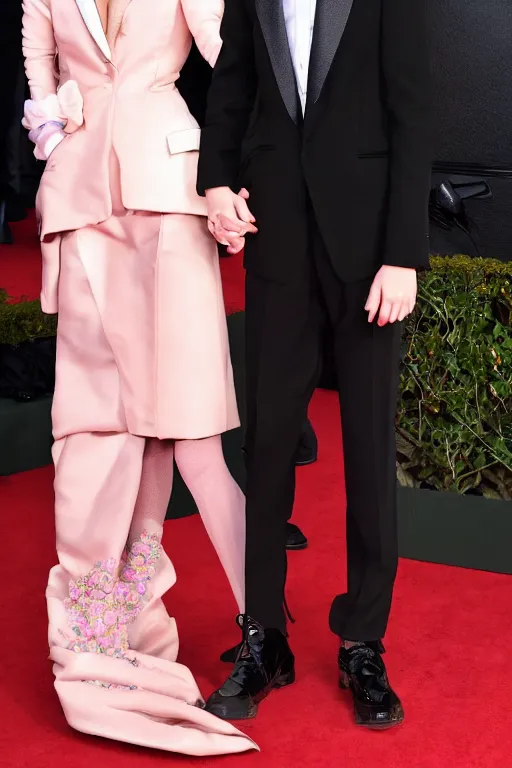 Image similar to timothee chalamet and lady gaga holding hands on the red carpet, beautiful detailed faces, canon eos, featured, flash lighting