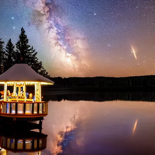 Prompt: carousel in the middle of a lake lit up by the reflection of the milky way