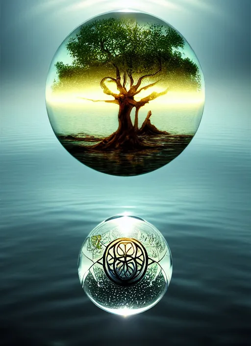 Image similar to transparent horizontally centered crystal ball floating over a serene lake, tree of life inside the ball, intricate details, radiant light, reflections on the water, ripples, moody sky, hyperdetailed illustration by yuumei, by mark brooks, john harris, artstation, low global light, coherent composition