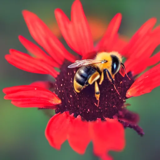 Prompt: a bee almost landing on a red burning flower, the background is on fire, there is fire everywhere, macro photography