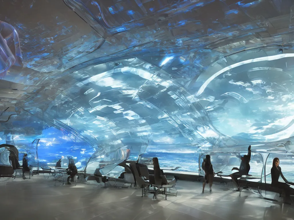 Image similar to visor with curved translucent screens projecting detailed sci - fi art ( 2 0 4 2 ), pixel perfect photograph, high contrast, volumetric lighting, thin glowing lights, underwater, chairs, users, pair of keys