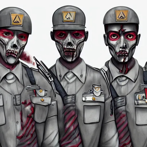Prompt: ( ( beige ) ) uniform zombie ranger officers and caps in brutalist gray concrete office trending on artstation high detail digital painting 4 k 8 k hd accurate glow red