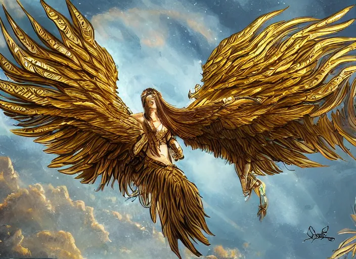 Image similar to concept art of an angelic apache fighter jet with golden feathery bird wings with ornate rococo patterns flying over an enchanted forest, solarpunk, fantasy art, art book