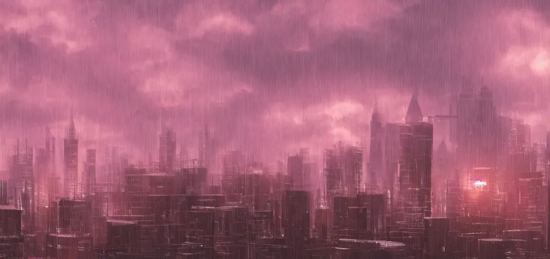 Look of an aesthetic solarpunk skyline, rain