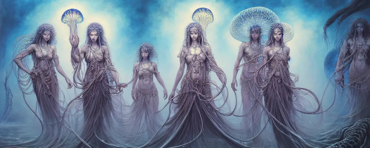 Prompt: A painting of priestesses worshipping at the jellyfish temple, shrouded in mist, jellyfish god, 8K, illustration, by Ayami Kojima, Amano, Karol Bak, Greg Hildebrandt, and Mark Brooks, smoke, cinematic, insanely detailed and intricate, hypermaximalist, elegant, super detailed, award-winning, mauve and cyan, mysterious, ancient, ritual, ethereal, trending in cgsociety, artstation HQ, ornate, elite, haunting, matte painting, beautiful detailed, insanely intricate details, artstation trending, divine proportion