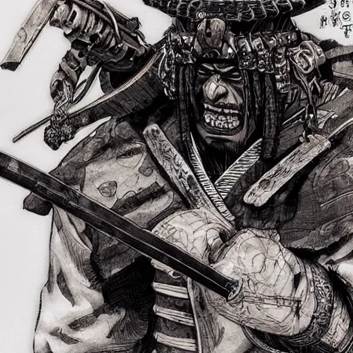 Prompt: a close up of an enraged samurai, stunning details, by kim jung gi