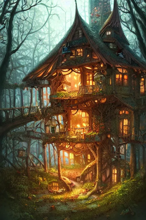 Image similar to a storybook illustration of a ramshackle multistory fairytale hut in the forest, intricate, elegant, fantasy, highly detailed, digital painting, concept art, sharp focus, artstation