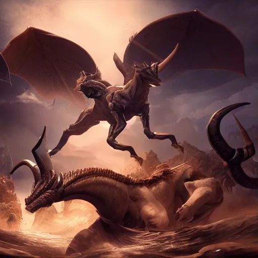 Image similar to man riding the elusive mythical capricorn creature while being attacked by monsters, fantasy art, concept art, character design, unreal engine 5, ultra detailed, cinematic, dramatic lighting