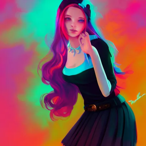 Image similar to colorful and festive captivating teenager girl with pink hair, cyan top crop, black skirt, black leggings, cute look. rich vivid colors, ambient lighting, dynamic lighting, 4 k, atmospheric lighting, painted, intricate, highly detailed by charlie bowater