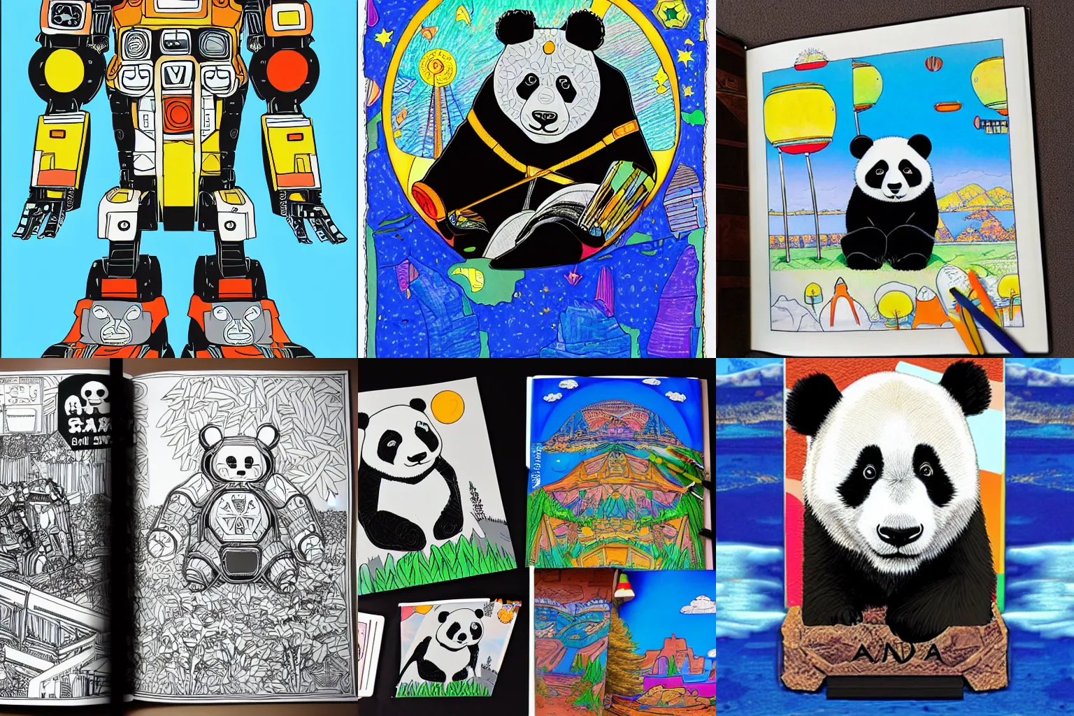 Prompt: coloring book of a giant robot panda looking over the Grand Cayon