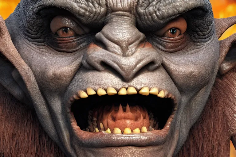 Image similar to close up portrait photo of a happy orc. high resolution color photo, times magazine 2 0 2 1