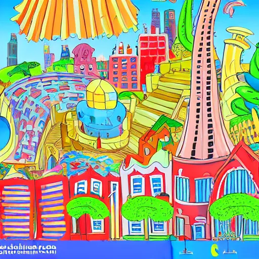 Prompt: fanciful city filled with curvy buildings, colorful kids book illustration by dr seuss, platforms, towers, bridges, stairs