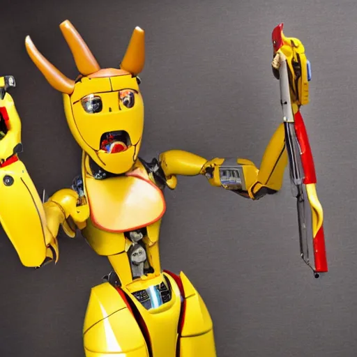 Image similar to a muscular yellow and red humanoid robot with large horns. It has a gun in one hand and a knife in the other