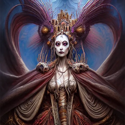 Image similar to a beautiful detailed 3d matte painting of female empress of the dead, by ellen jewett, tomasz alen kopera and Justin Gerard, symmetrical features, ominous, magical realism, texture, intricate, ornate, royally decorated, skull, skeleton, whirling smoke, embers, red adornements, red torn fabric, radiant colors, fantasy, trending on artstation, volumetric lighting, micro details, 3d sculpture, ray tracing, 8k