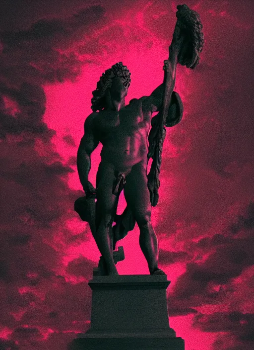 Image similar to black background, statue of hercules, thin red lines, dark, thin lines, neo vaporwave, trending on artstation