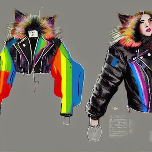 Image similar to wide angle full body, jacket wearing fluffy cute rainbow kitten wearing a black leather motorcycle jacket, cinematic concept art