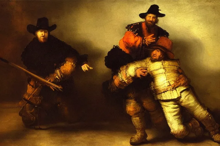 Prompt: Rembrandt painting of 2 people fighting outside of an Applebee's