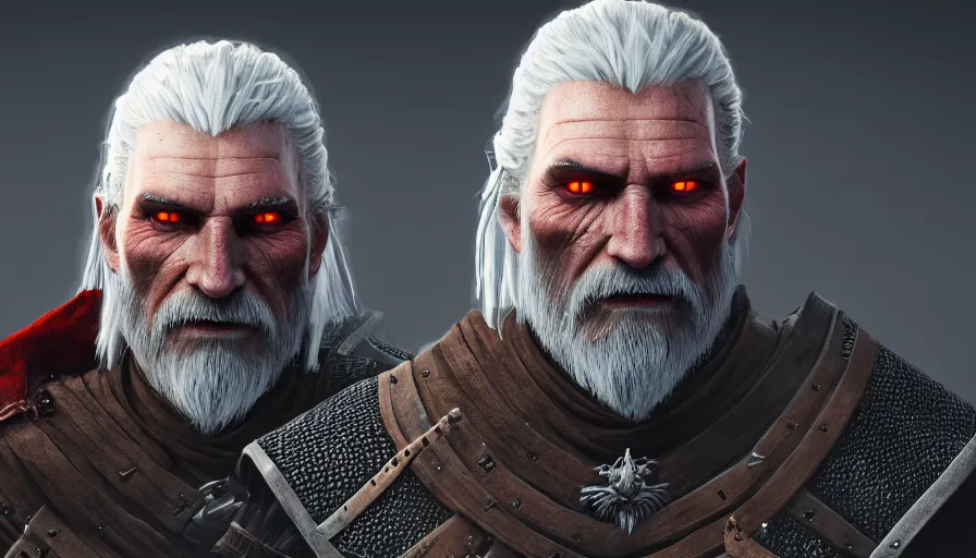 Image similar to a digital art portrait of an old pale warrior with glowing red eyes and grey beard character design from dark souls, old witcher character sheet, 4 k, ultra detail, volumetric lighting, unreal engine, octane render