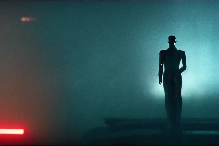 Image similar to film still of closeup cyborg in blade runner 2 0 4 9, space port, cinematic, moody, gritty neon noir by emmanuel lubezki