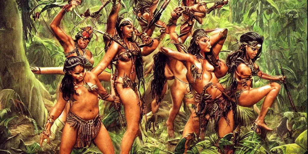 Image similar to battle in jungle, brutal aztec and Amazonian females fight, epic, vintage, blood, slight inspiration of Boris vallejo and apocalypto