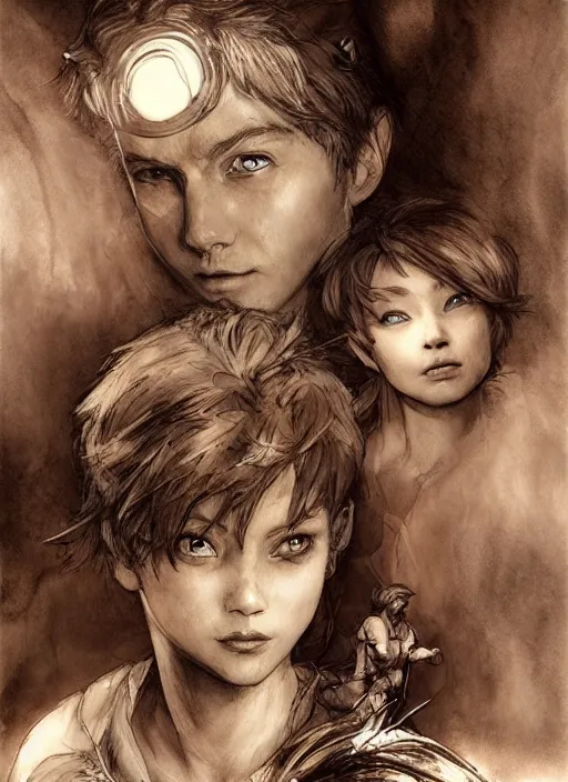 Image similar to portrait, Peter Pan and Tinkerbell, watercolor, dramatic lighting, cinematic, establishing shot, extremly high detail, foto realistic, cinematic lighting, pen and ink, intricate line drawings, by Yoshitaka Amano, Ruan Jia, Kentaro Miura, Artgerm, post processed, concept art, artstation, matte painting, style by eddie mendoza, raphael lacoste, alex ross