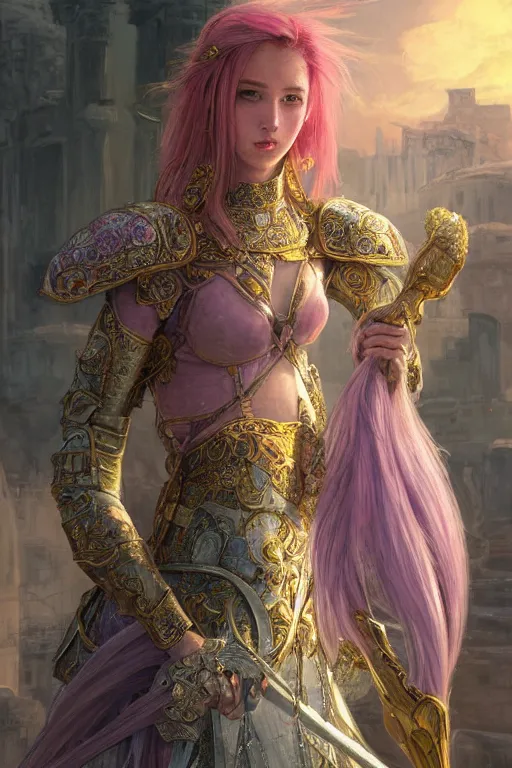 Image similar to portrait knights of Zodiac girl, metalic pink and pastel purple reflected armor, in ruined Agora of Athens sunrise, harp, ssci-fi, fantasy, intricate, very very beautiful, elegant, golden light, highly detailed, digital painting, artstation, concept art, smooth, sharp focus, illustration, art by tian zi and WLOP and alphonse mucha