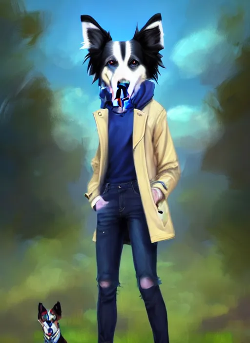 Image similar to full body digital painting of a cute male anthropomorphic border collie fursona wearing a trenchcoat and blue denim shorts in front of a park, furaffinity, scenic background, intricate, elegant, beautiful, fantasy, highly detailed, trending on artstation, art by charlie bowater and henry asencio and and ross tran