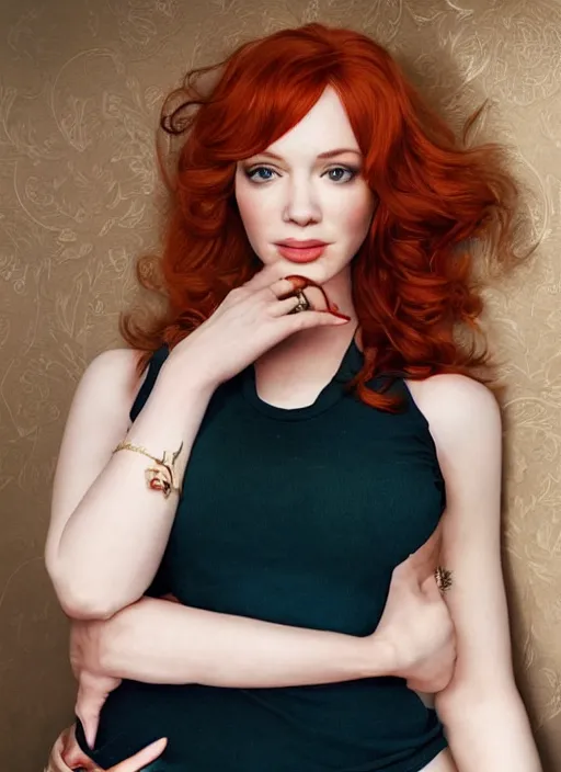 Image similar to full length photo of gorgeous christina hendricks in a tanktop in the style of stefan kostic, realistic, sharp focus, 8k high definition, insanely detailed, intricate, elegant, art by stanley lau and artgerm