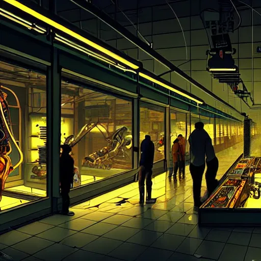 Image similar to inside a robotic shop store in The City of Lisbon at night with a few customers, extreme plus resolution scifi concept art, intricate details to everything visible, sharp lighting, Dramatic light by denis villeneuve, strong emphasis on alphonse mucha, Makoto Shinkai