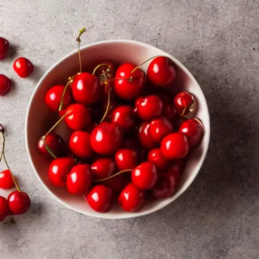 Prompt: photo a few Maraschino cherries in the bowl on the table,