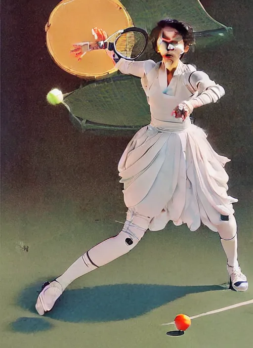 Image similar to a copic maker art nouveau portrait of a japanese girl playing tennis at high speed wearing a futuristic latex pilot suit and a puffy skirt designed by balenciaga by john berkey norman rockwell