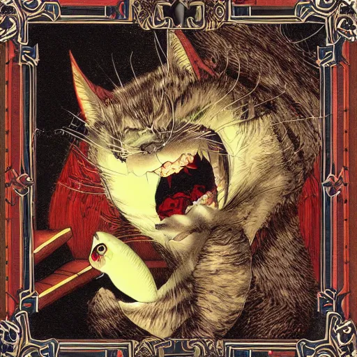 Image similar to vampire cat eating a fish, inside a frame on a tiled wall, frontal picture, by yoichi hatakenaka, masamune shirow, josan gonzales and dan mumford, ayami kojima, takato yamamoto,