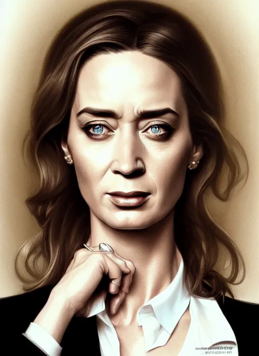 Prompt: portrait of emily blunt as business woman, black suit, white shirt, black tie, boss, intricate, headshot, highly detailed, digital painting, artstation, concept art, sharp focus, cinematic lighting, illustration, art by artgerm and greg rutkowski, alphonse mucha, cgsociety