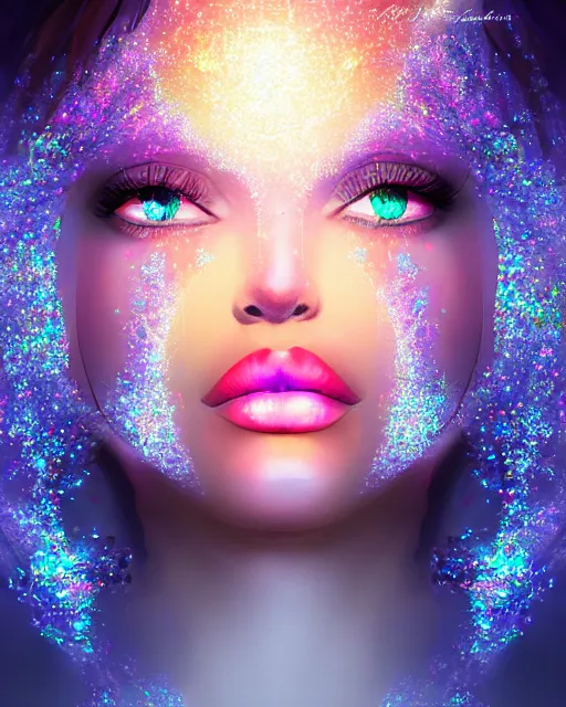 Prompt: shattered glass crystalline ebony beauty portrait, fantasy sparkling crystals and iridescent light, halo of light, flower explosion, artgerm, deviantart