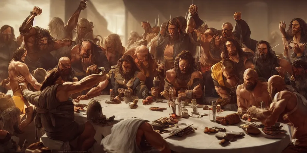 Image similar to professional physically based octane render of Wolverine, fighting Judas at the Last Supper, character concept art, epic composition, style of Marvel, 8k comic art, intricately detailed