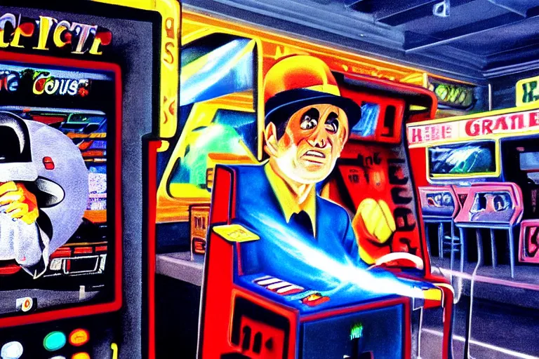 Image similar to charles cottet's 1 9 8 3 airbrush painting of inspector gadget playing ms pac man in an arcade