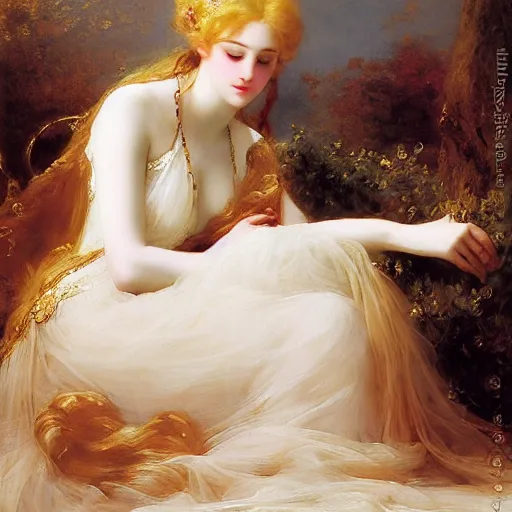 Image similar to blonde beautiful sleeping princess by Franz Xaver Winterhalter and Delphin Enjolras and Rebecca Guay