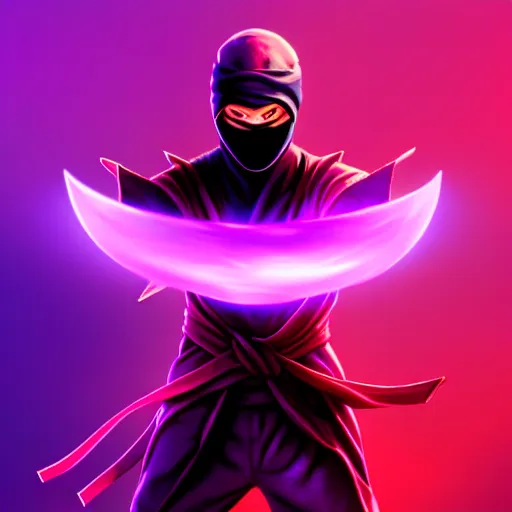 Image similar to ninja surrounded by purple aura, glowing red eyes, full body shot, menacing, stylized, octane render, artstation, digital art, digital painting, devian art