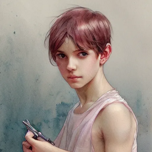 Prompt: young boy, short pink hair, light eyes, gorgeous, amazing, delicate, elegant, intricate, highly detailed, watercolor, portrait, artstation, concept art, sharp focus, illustration, art by artherm and greg rutkowski and alphonse mucha