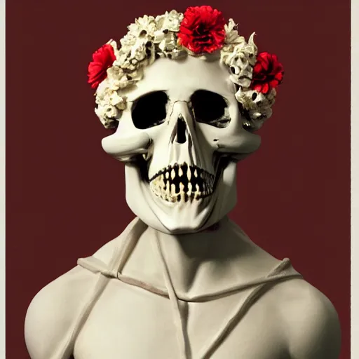 Prompt: a man in the form of a Greek sculpture with a mask in the form of a skull and wreath of flowers skulls in hands dressed in a biomechanical suit, eldritch, red and white color scheme