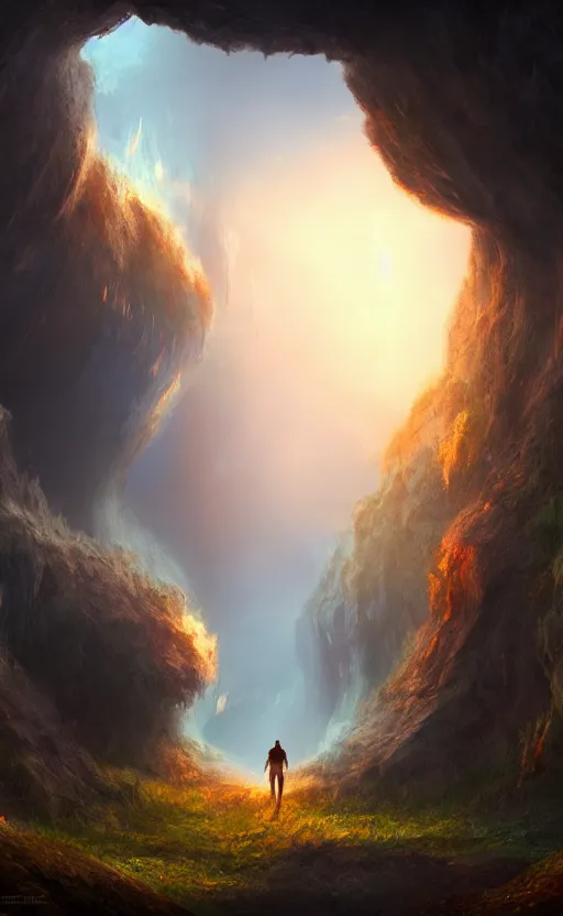 Image similar to a portal into heaven in the distance of a giant cave, dynamic lighting, ambient lighting, atmospherical, photorealistic fantasy concept art, trending on art station, stunning visuals, creative, cinematic, ultra detailed