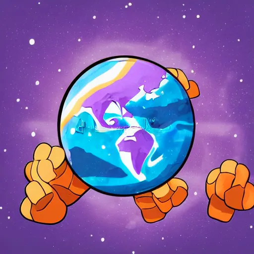 Image similar to cartoon illustration of a bear mascot being launched from a futuristic marble planet, purple and orange cloudland