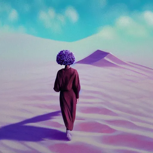 Image similar to portrait, giant purple dahlia flower head, girl walking between dunes, surreal photography, sunrise, blue sky, dramatic light, impressionist painting, digital painting, artstation, simon stalenhag